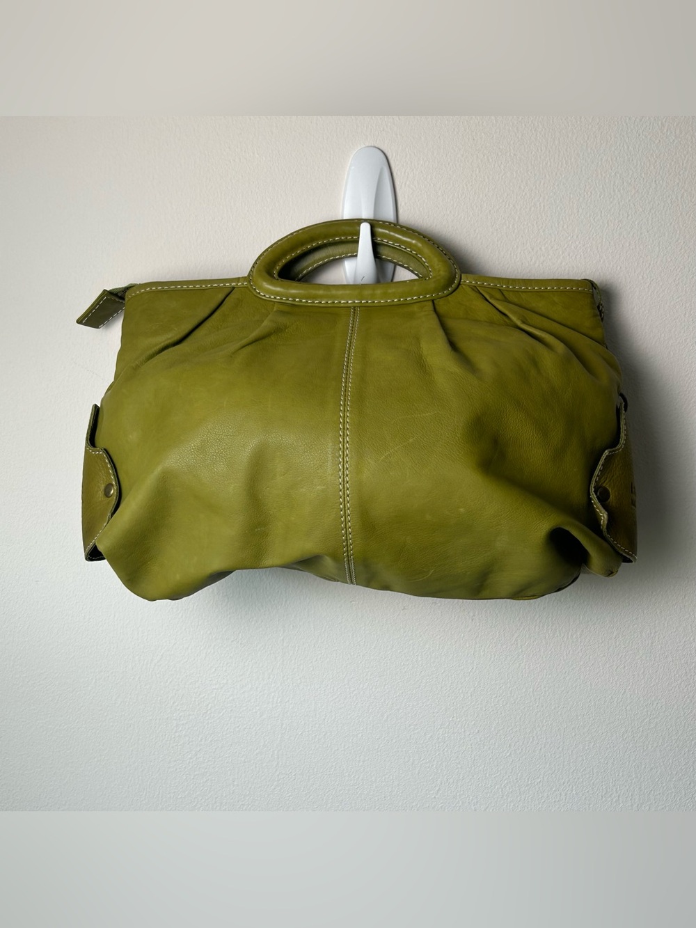 Latico Handbag Satchel Olive Green Soft Leather Floral Lining Pockets Zip Charm